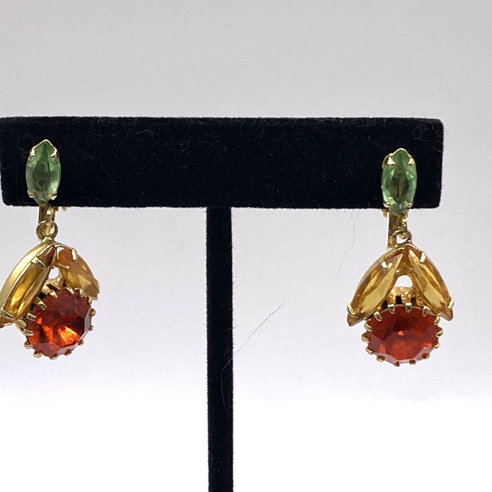 Vintage Orange Yellow Green Open Back Dangle Clip On Rhinestone Earrings fall
